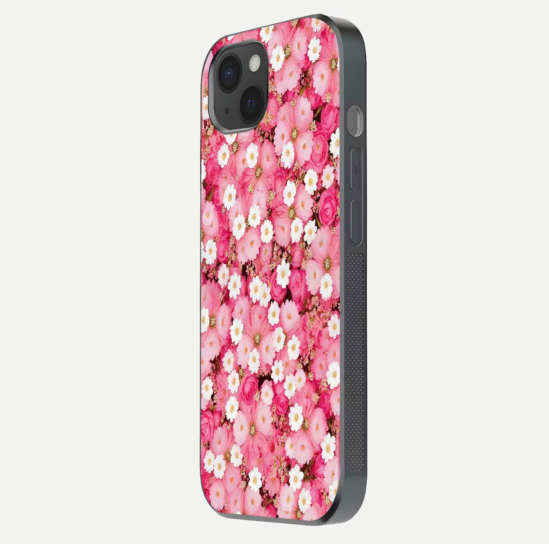 Pink Daisy Bliss Glass Case for iPhone 15 Plus side-angle image showing delicate daisy pattern and glass reflection