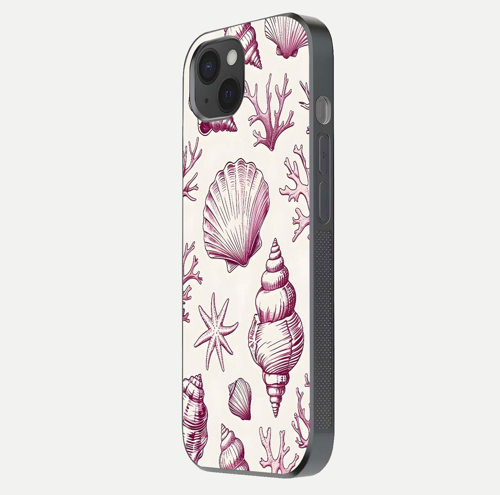Pink Shells Outline Glass Case for iPhone 15 Plus side-angle image showing shine and intricate outline texture
