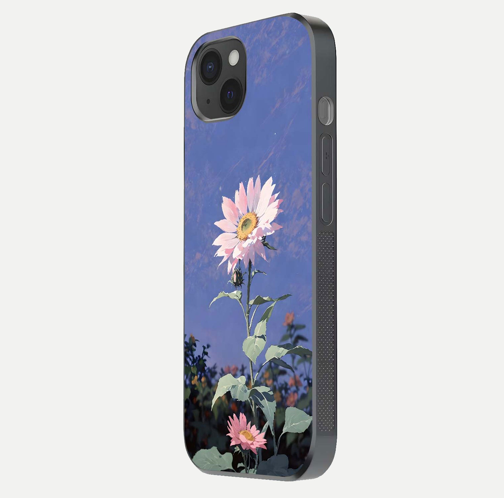 Pink Sunflower Glow Glass Case for iPhone 15 Plus side-angle image showing glossy edges and vivid sunflower tones