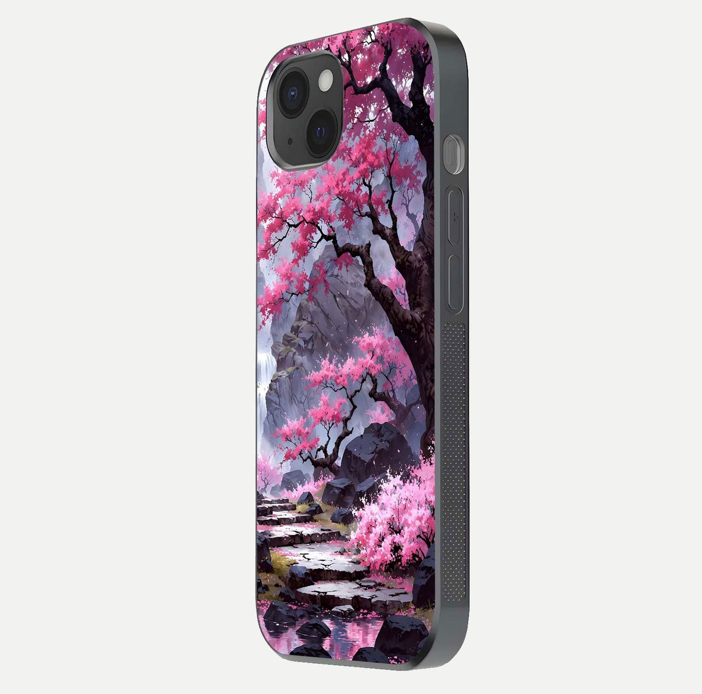 Pinkish Scenery Glass Case for iPhone 15 Plus side-angle image showing depth, gloss, and scenic details