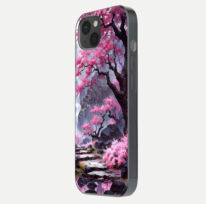 Pinkish Scenery Glass Case for iPhone 15 Plus side-angle image showing depth, gloss, and scenic details