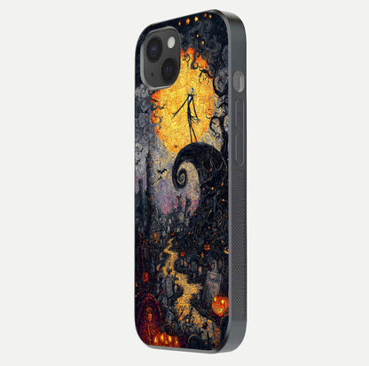 Pumpkin Moon Night Glass Case for iPhone 15 Plus side-angle image showing reflection depth and pumpkin pattern