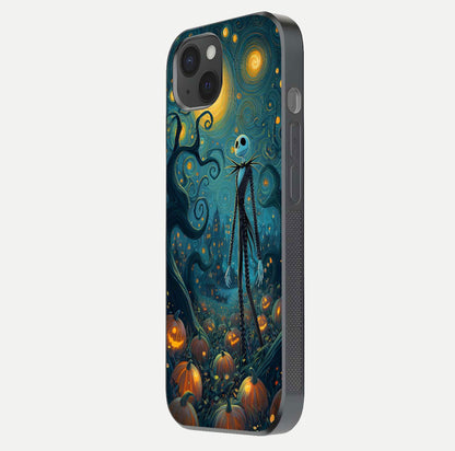 Pumpkin Moonlight Tale Glass Case for iPhone 15 Plus side-angle image showing glow texture and Halloween vibe