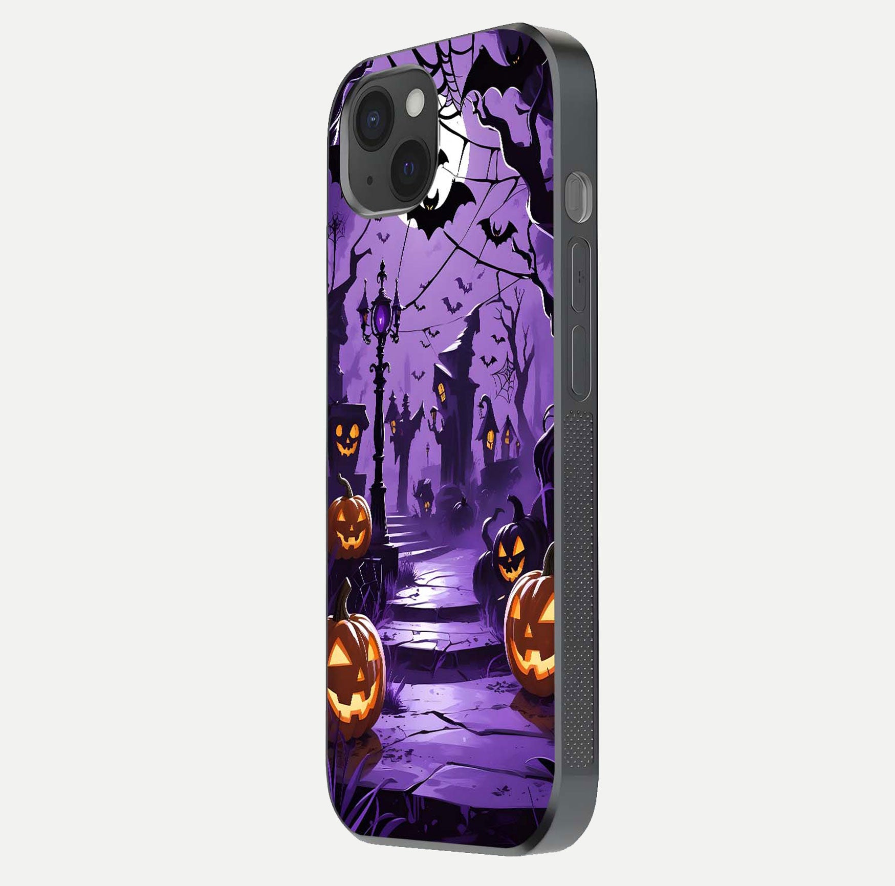 Pumpkin Patch Halloween Glass Case for iPhone 15 Plus side-angle image showing shine, camera cutout, and spooky art