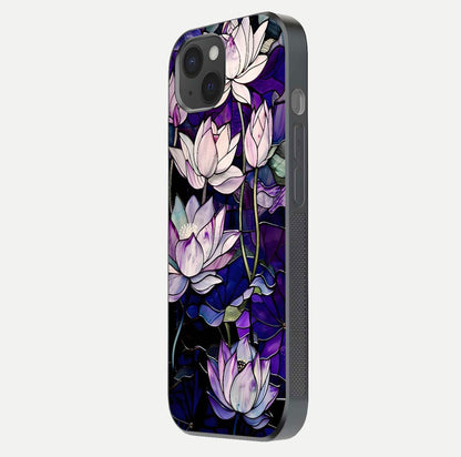 Purple Lotus Pattern Glass Case for iPhone 15 Plus side-angle image showing reflection depth and lotus detail