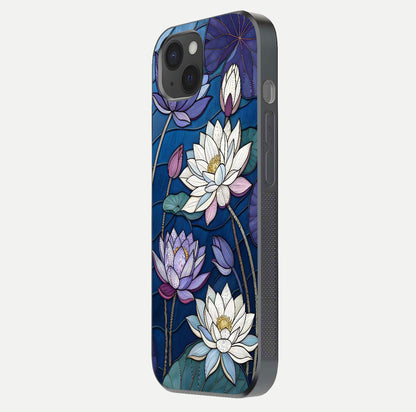 Purple Lotus Stained Glass Case for iPhone 15 Plus side-angle image showing gloss, reflection, and intricate detailing