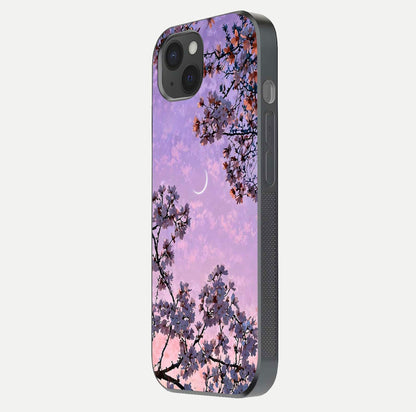 Purple Serenity Moon Glass Case for iPhone 15 Plus side-angle image showing reflection and lunar art precision