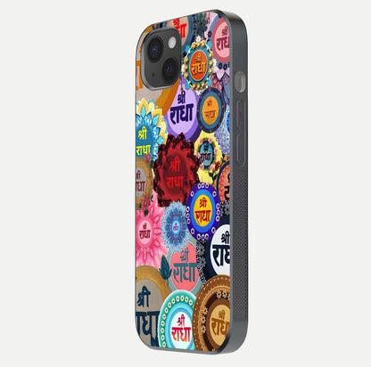 Radha Divine Bloom Glass Case for iPhone 15 Plus side-angle image showing shine, reflection, and floral motif