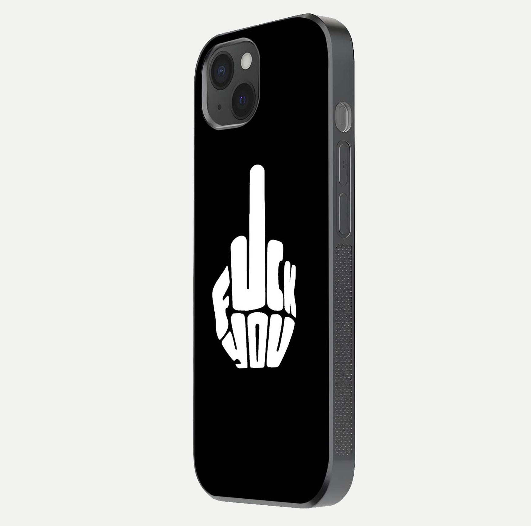 Rebel Mode On Glass Case for iPhone 15 Plus side-angle image showing reflection, edge detail, and text clarity
