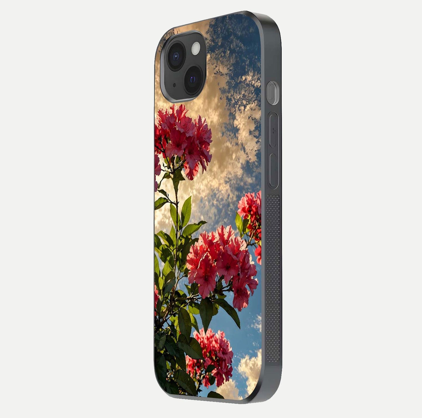 Red Bloom Skies Glass Case for iPhone 15 Plus side-angle image showing reflection, print clarity, and tone blend