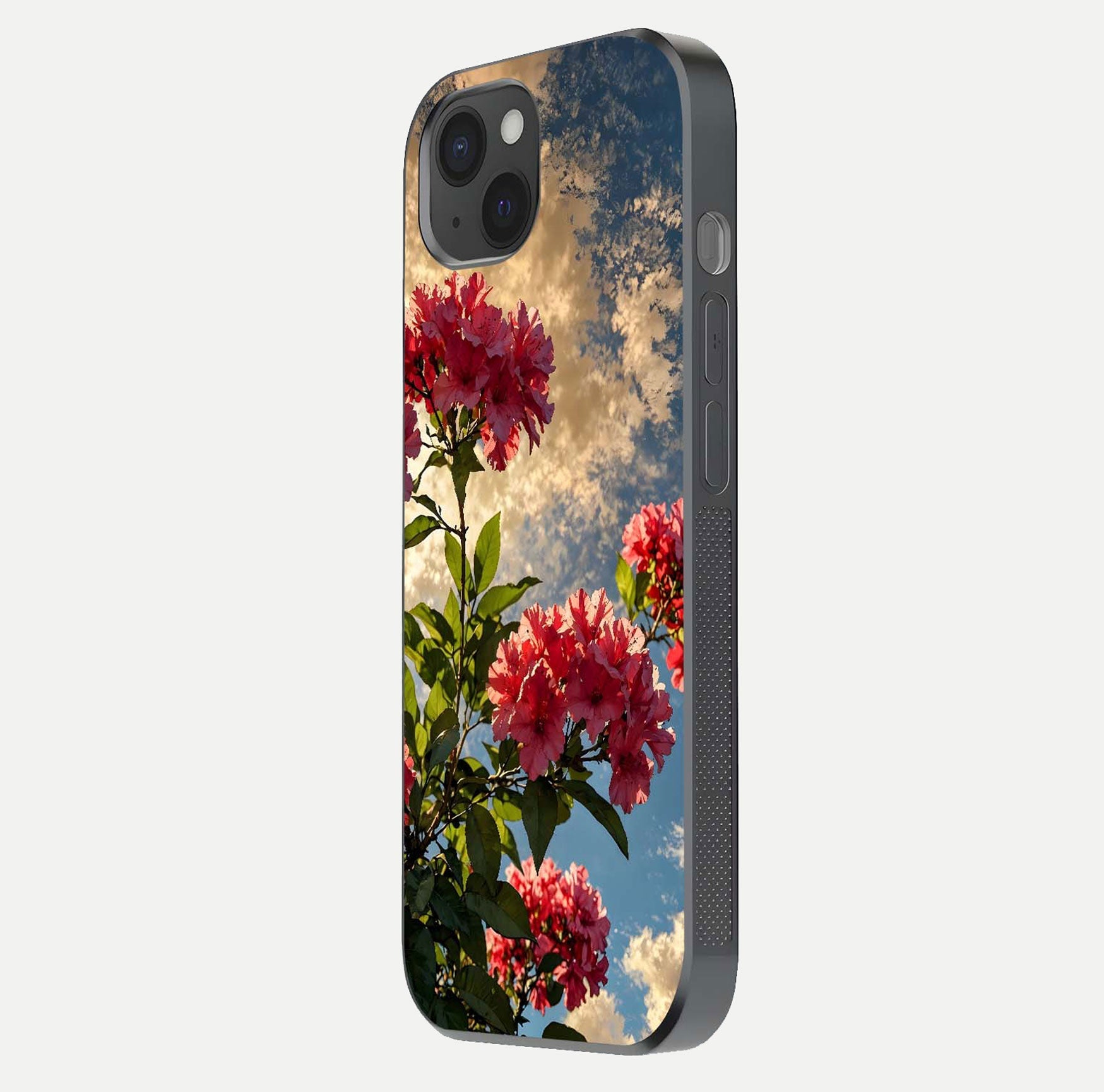Red Bloom Skies Glass Case for iPhone 15 Plus side-angle image showing reflection, print clarity, and tone blend