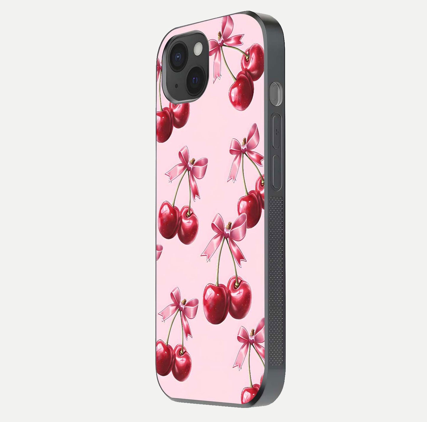 Red Cherries Pattern Glass Case for iPhone 15 Plus side-angle image showing gloss surface and cherry details