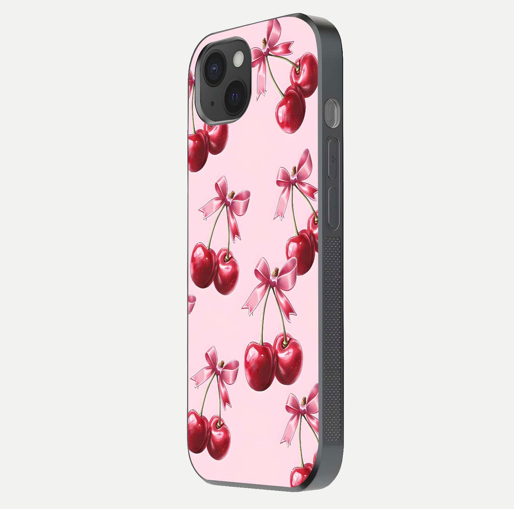 Red Cherries Pattern Glass Case for iPhone 15 Plus side-angle image showing gloss surface and cherry details