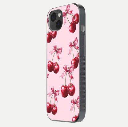 Red Cherries Pattern Glass Case for iPhone 15 Plus side-angle image showing gloss surface and cherry details