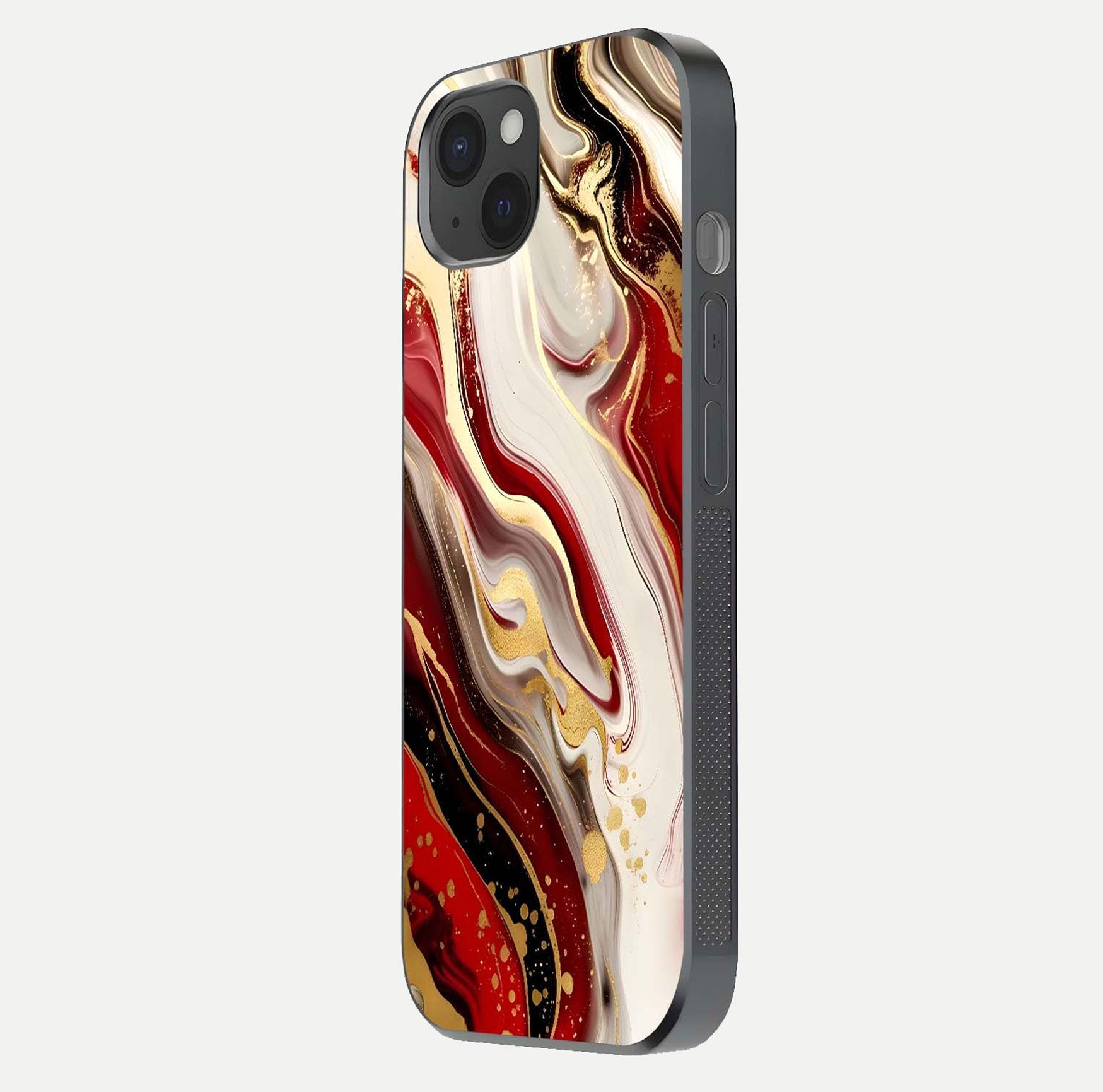 Red & White Marble Glass Case for iPhone 15 Plus side-angle image showing shine and smooth marble finish