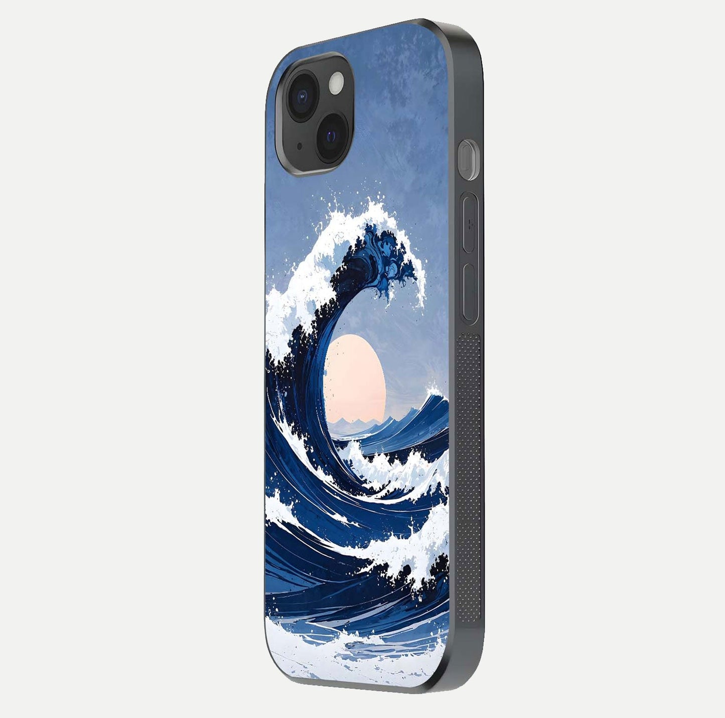 Rising Tide Power Glass Case for iPhone 15 Plus side-angle image showing shine and detailed ocean art