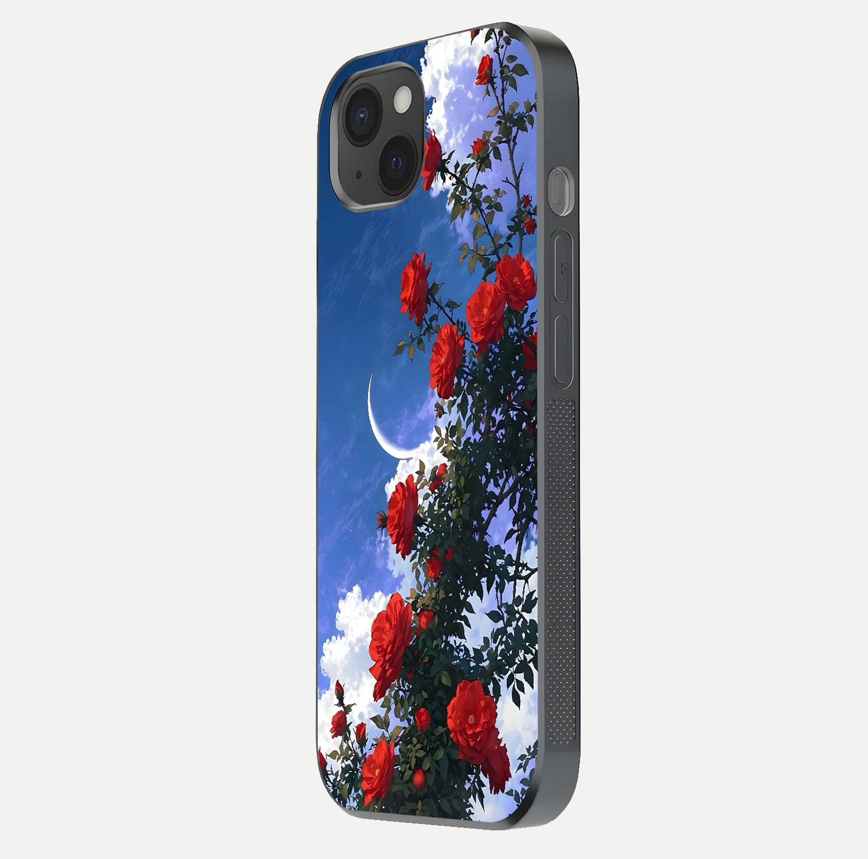 Rose Drift Flowers Glass Case for iPhone 15 Plus side-angle image showing reflection and petal detail