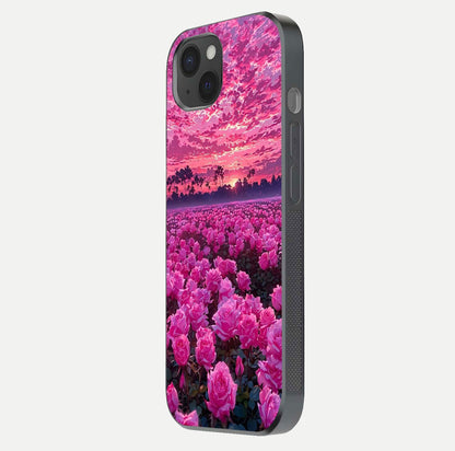 Rose Sunset Valley Glass Case for iPhone 15 Plus side-angle image showing smooth edges and floral glow