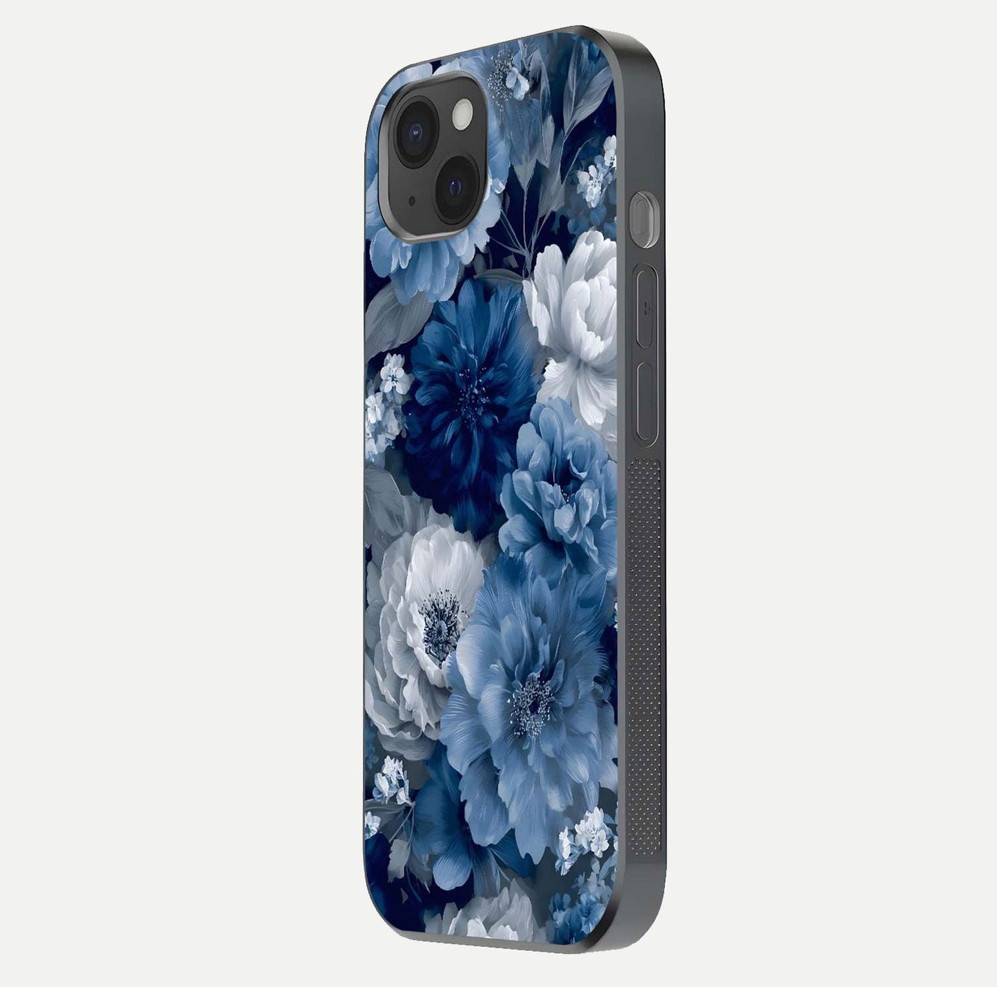 Royal Bloom Garden Glass Case for iPhone 15 Plus side-angle image showing floral pattern, edges, and reflection