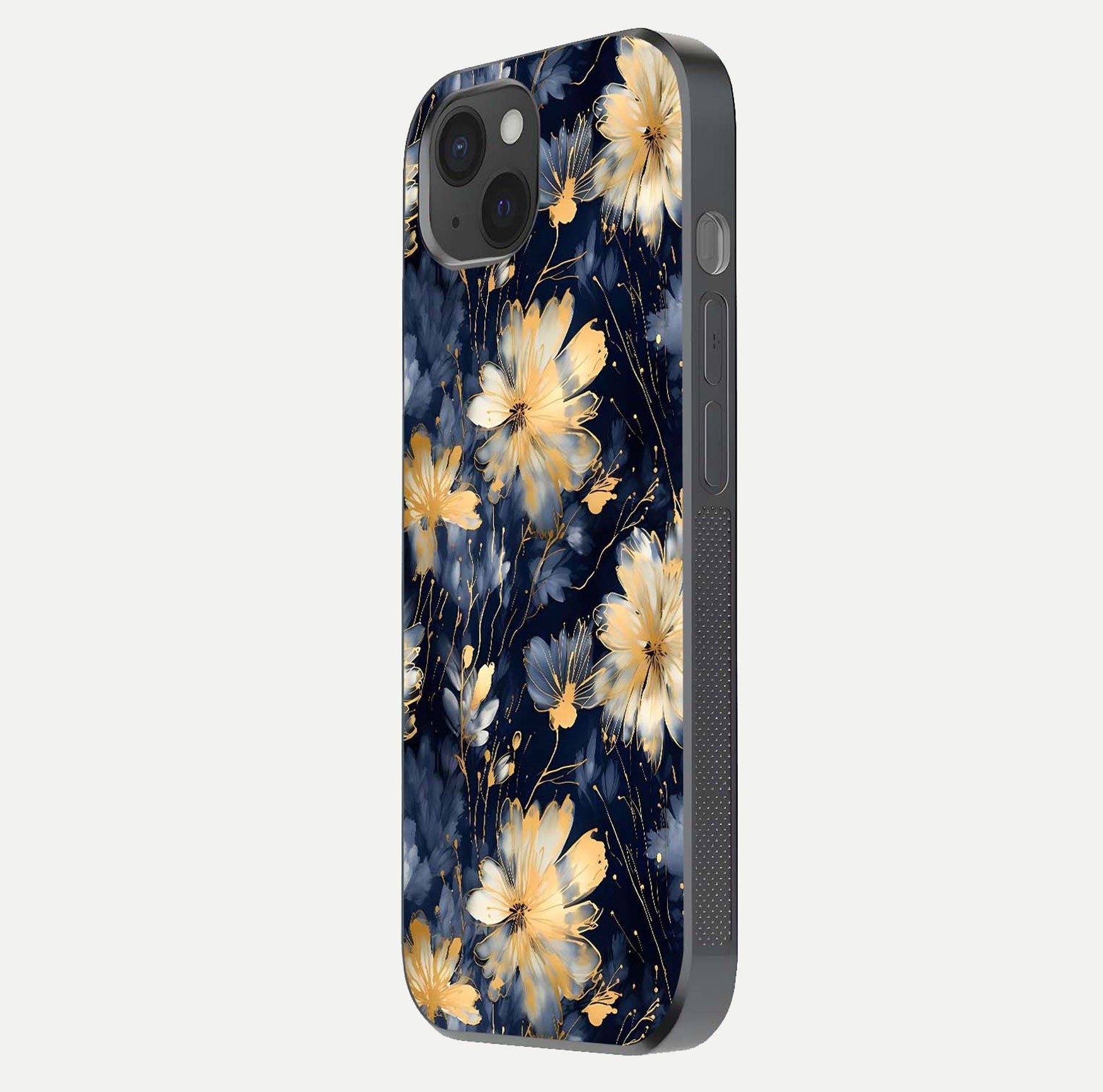 Royal Petal Dream Glass Case for iPhone 15 Plus side-angle image showing smooth edges and royal bloom details