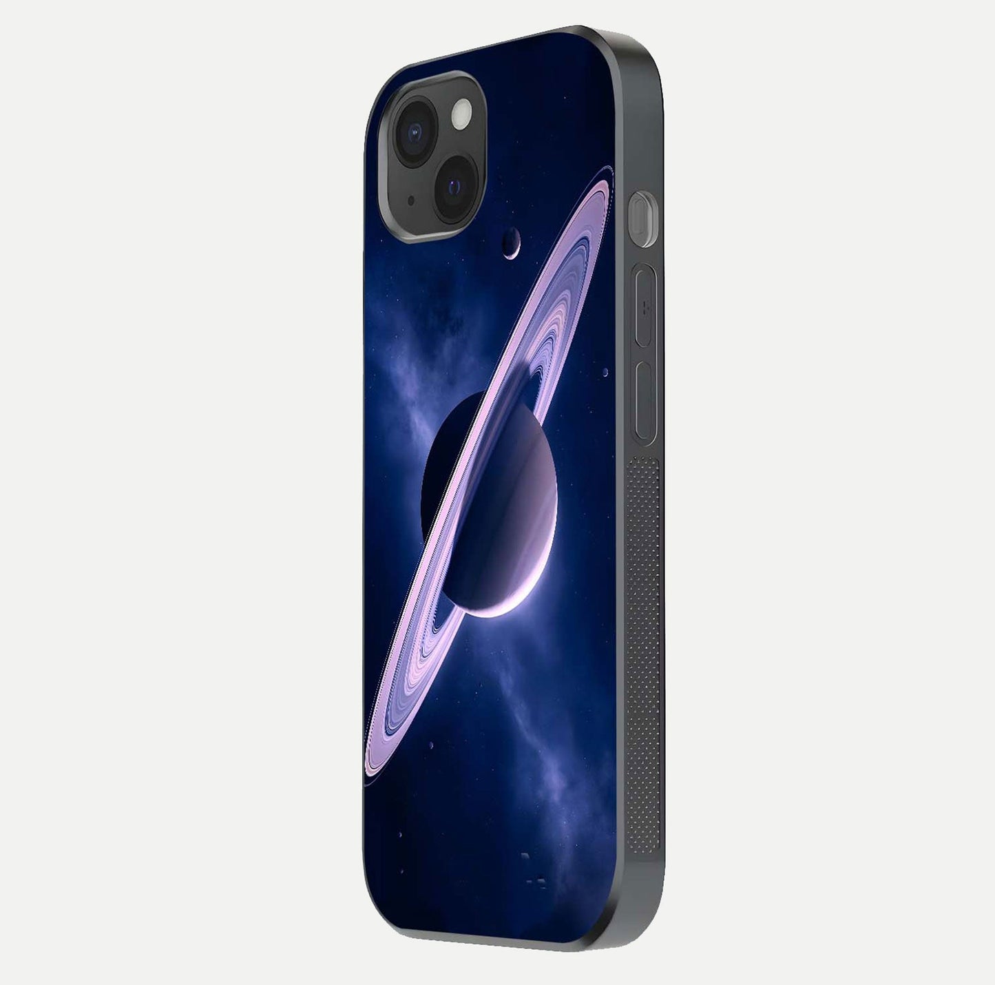Saturn Ring Mystique Glass Case for iPhone 15 Plus side-angle image showing shine and galaxy ring focus