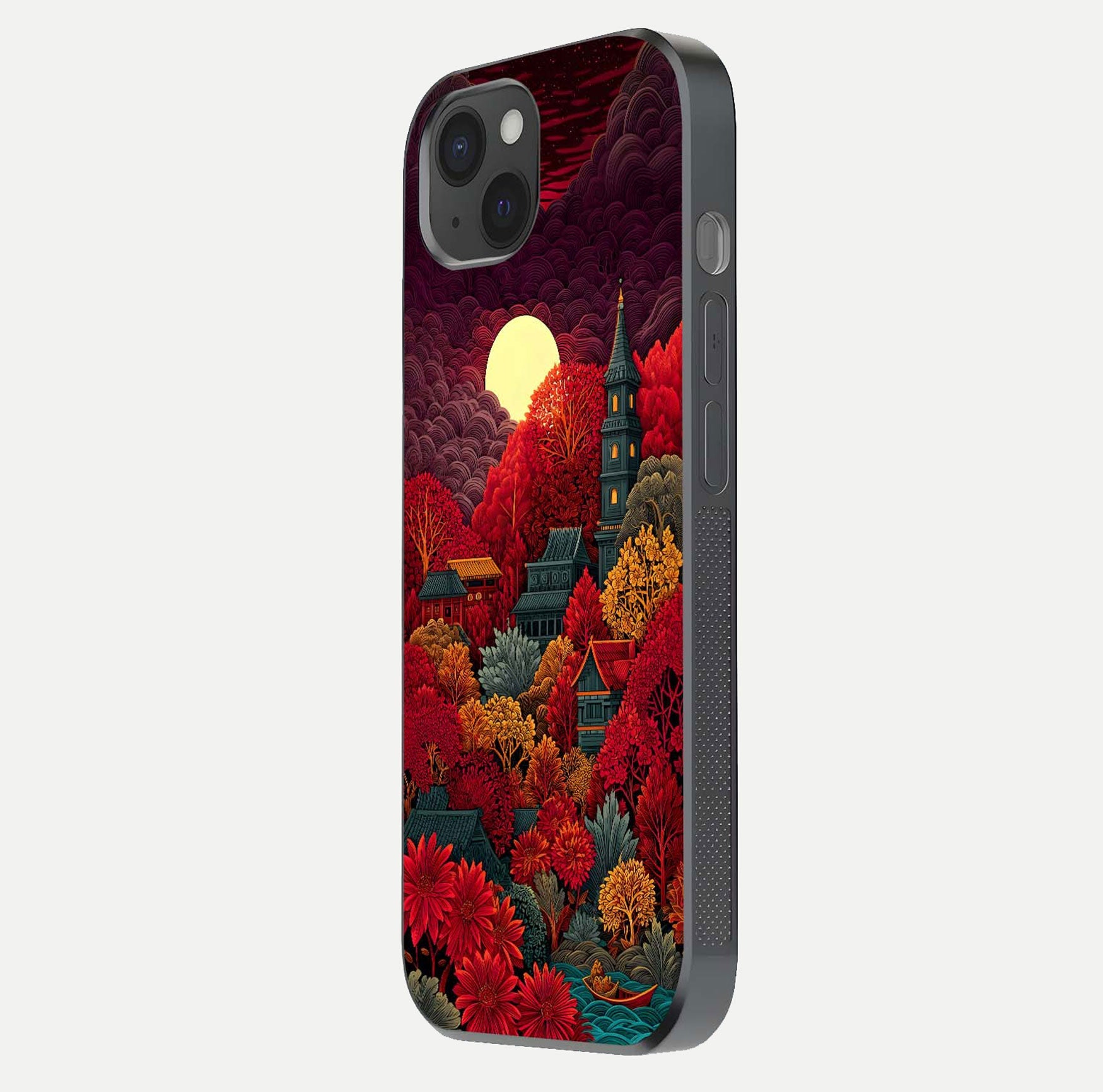 Scarlet Autumn Temple Glass Case for iPhone 15 Plus side-angle image showing color depth and reflection clarity