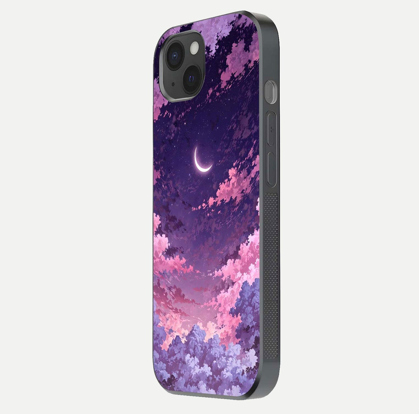 Sky Drift Clouds Glass Case for iPhone 15 Plus side-angle image showing reflection, blue tones, and soft gradient