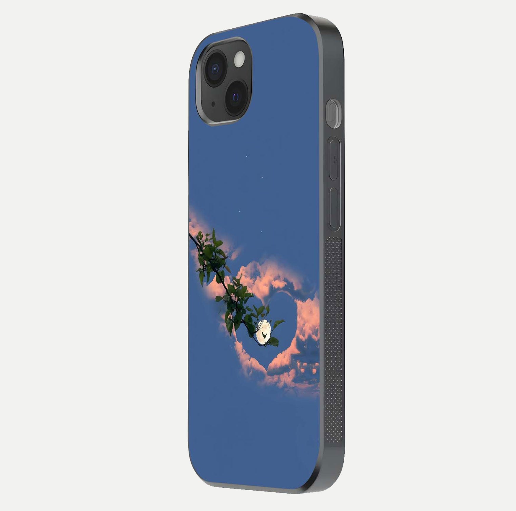 Sky Under Tree Glass Case for iPhone 15 Plus side-angle image showing shine, edge texture, and scenic detail