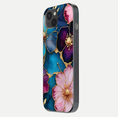 Sparkle Floral Glass Case for iPhone 15 Plus side-angle image showing reflection, gloss, and floral texture
