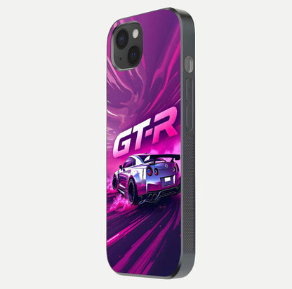 Speed Drift Legend Glass Case for iPhone 15 Plus side-angle image showing car print reflection and surface gloss