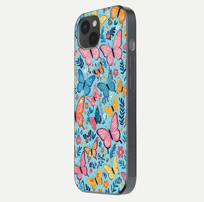 Spring Wing Garden Glass Case for iPhone 15 Plus side-angle image showing shine, color, and pattern depth