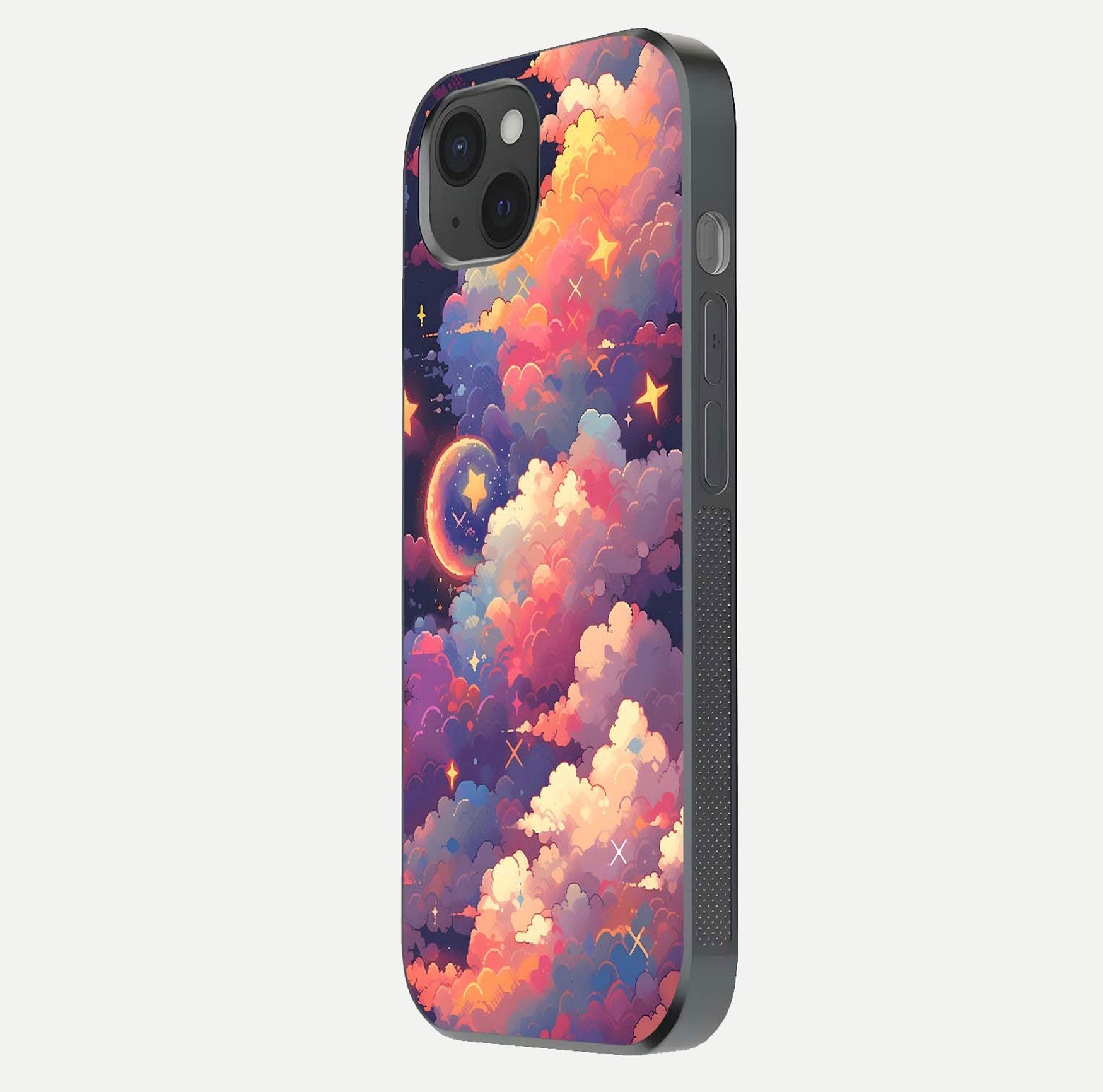 Starlit Dream Clouds Glass Case for iPhone 15 Plus side-angle image showing shine, reflection, and dreamy tones