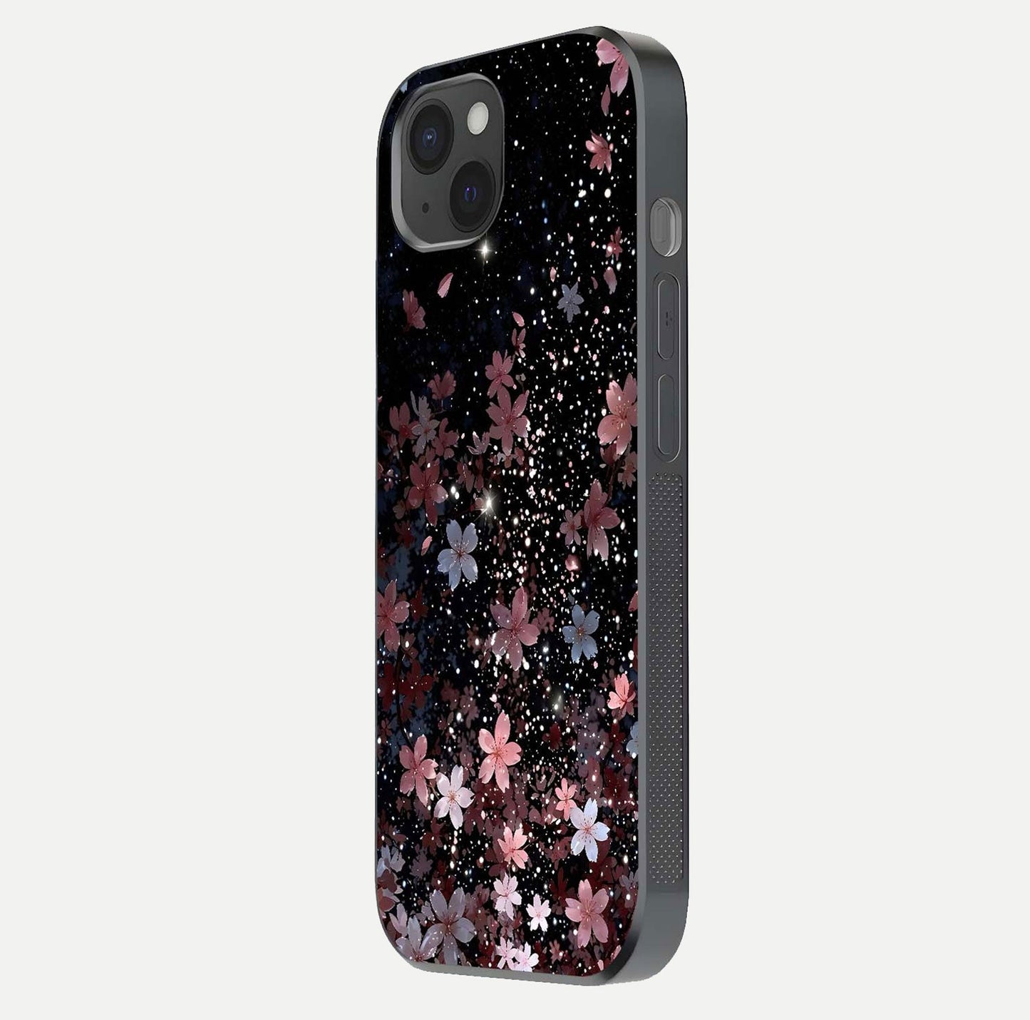 Starlit Flower Dreams Glass Case for iPhone 15 Plus side-angle image showing shine, edge detail, and floral contrast