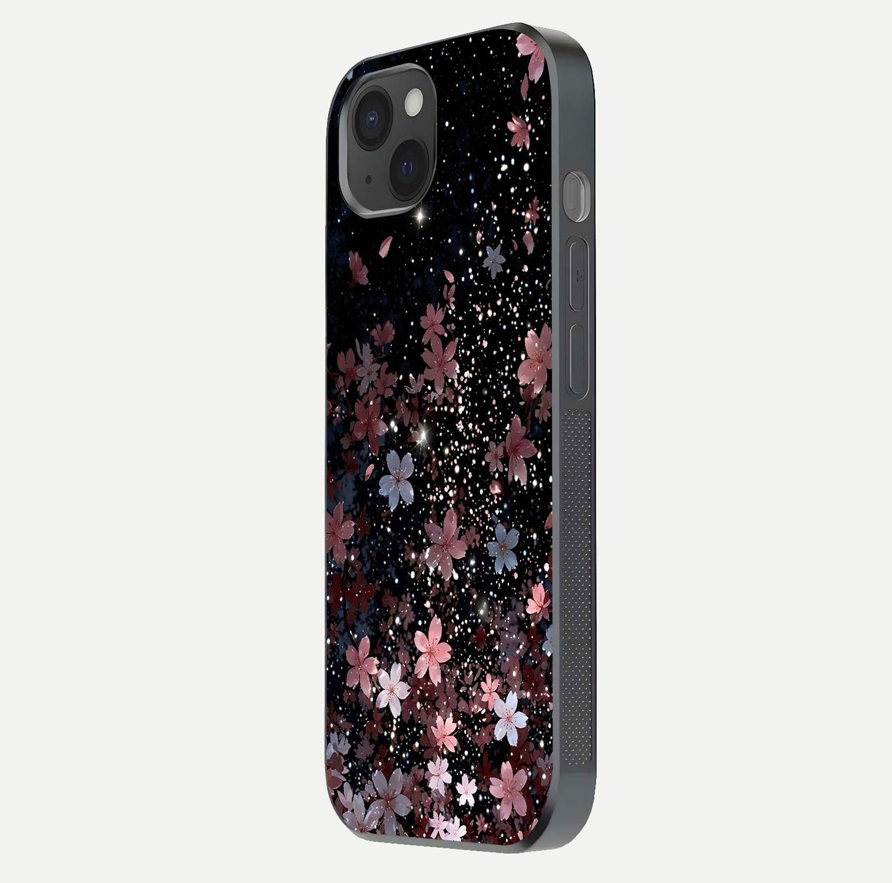 Starlit Flower Dreams Glass Case for iPhone 15 Plus side-angle image showing shine, edge detail, and floral contrast