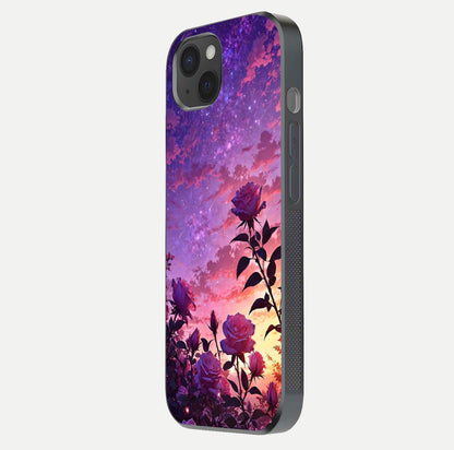 Starlit Rose Twilight Glass Case for iPhone 15 Plus side-angle image showing reflection and petal contrast