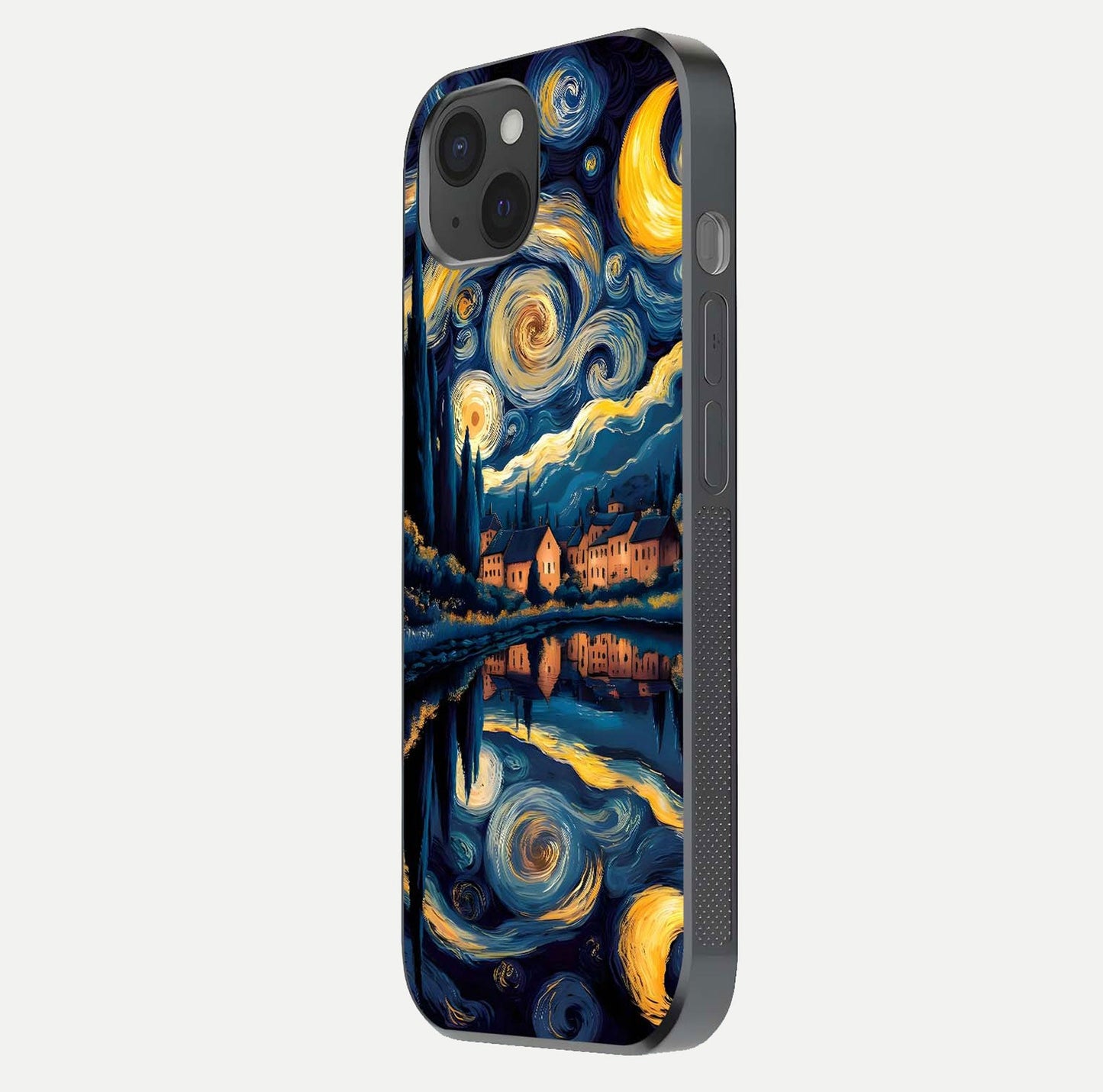 Starry Sky Serenity Glass Case for iPhone 15 Plus side-angle image showing reflection and night-sky detail