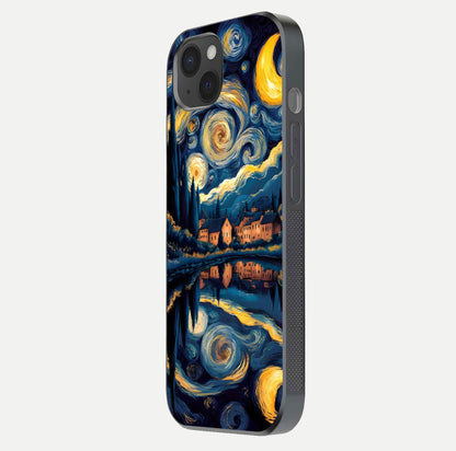 Starry Sky Serenity Glass Case for iPhone 15 Plus side-angle image showing reflection and night-sky detail
