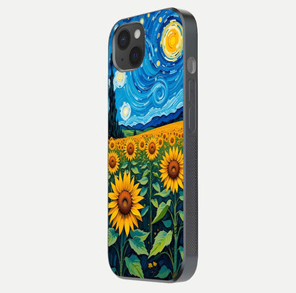 Starry Sunflower Dreams Glass Case for iPhone 15 Plus side-angle image showing reflection, stars, and yellow tone
