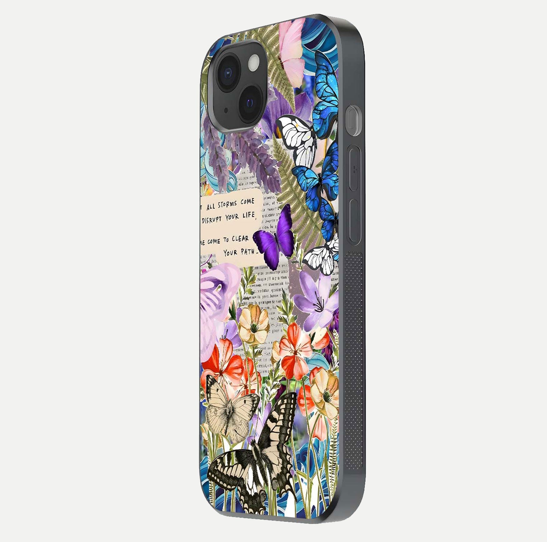 Storm Path Bloom Glass Case for iPhone 15 Plus side-angle image showing reflection, color contrast, and shine