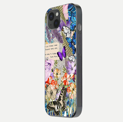 Storm Path Bloom Glass Case for iPhone 15 Plus side-angle image showing reflection, color contrast, and shine