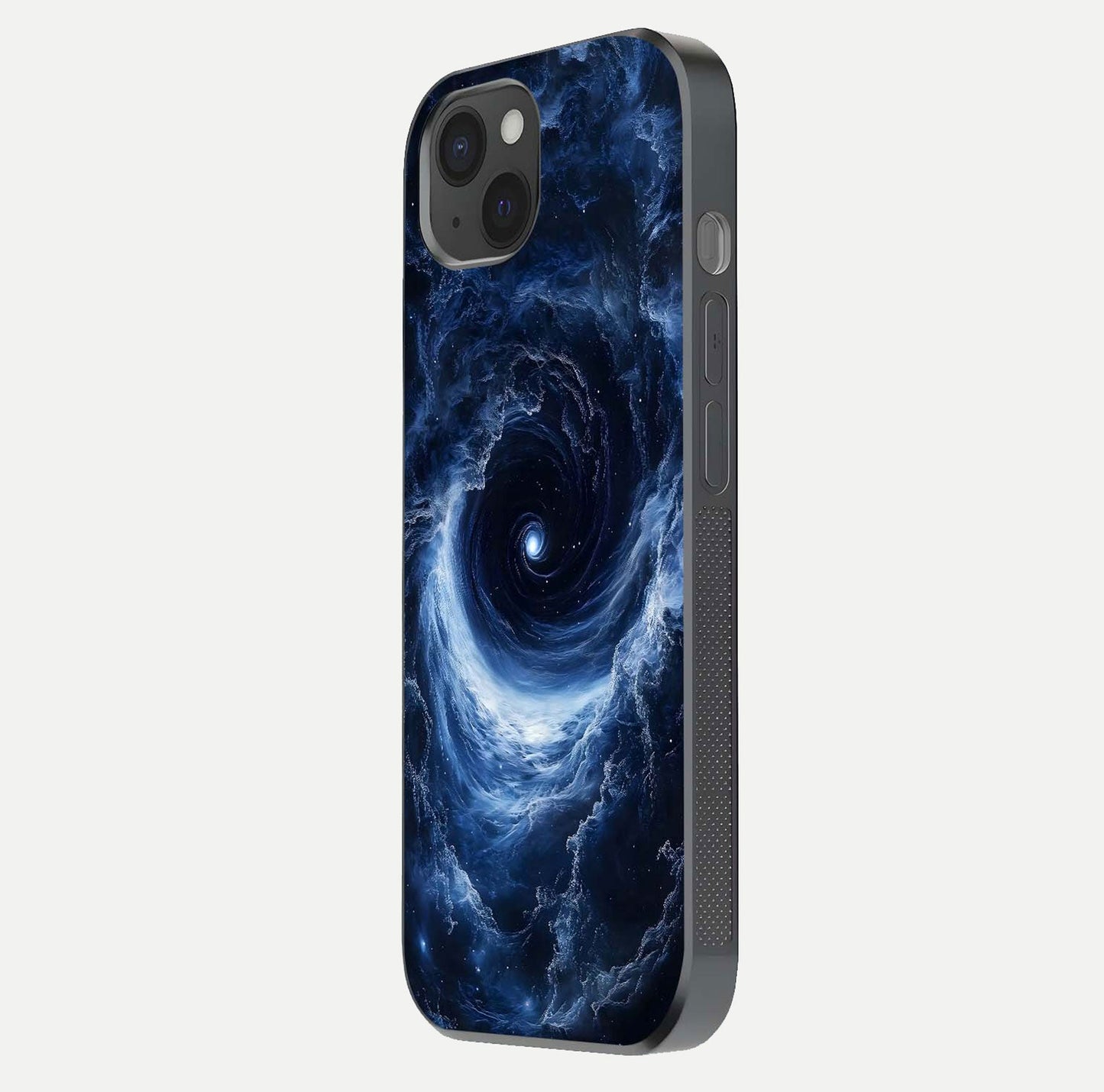 Stunning Galaxy Glass Case for iPhone 15 Plus side-angle image showing glossy reflection and space detailing