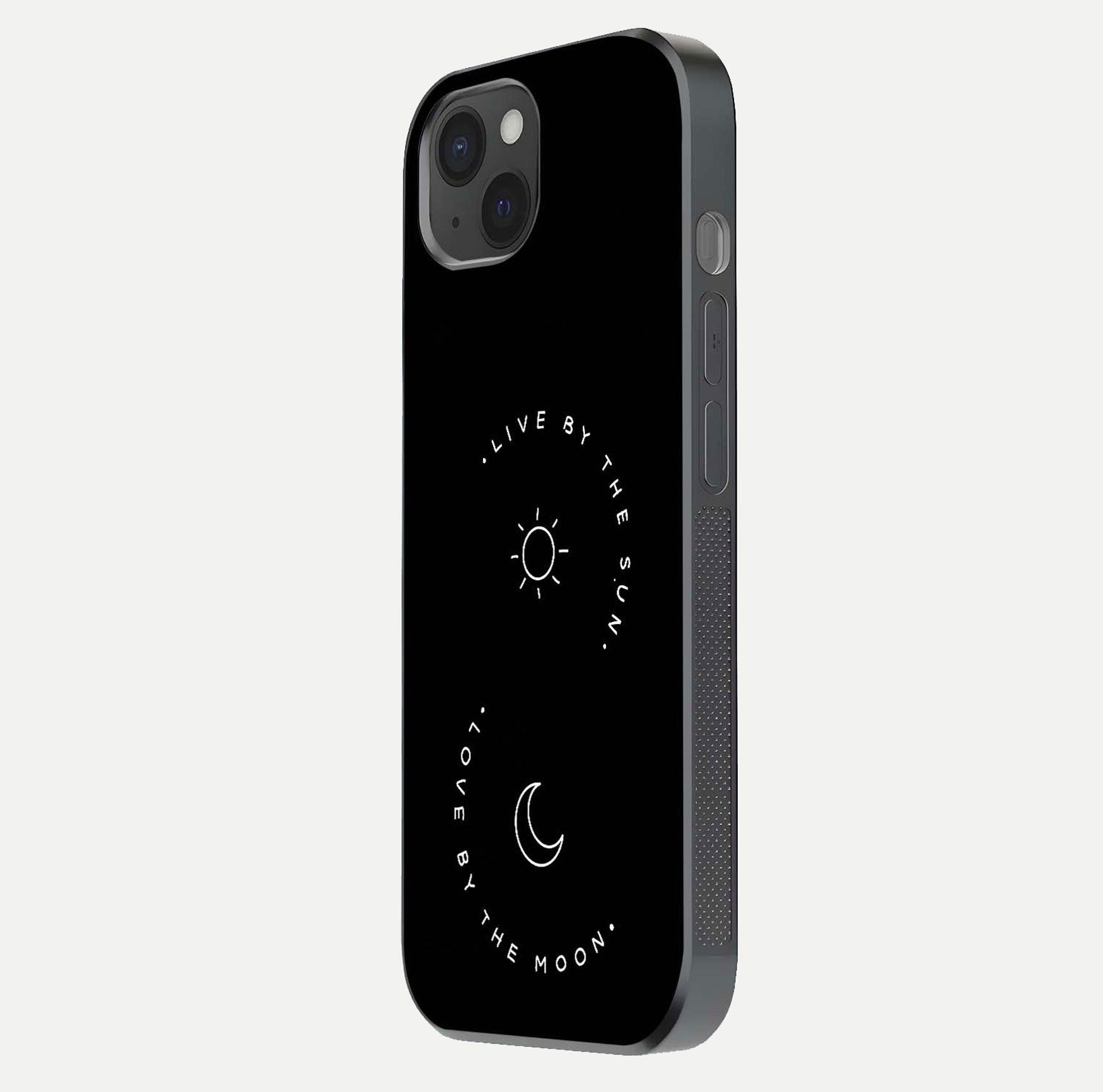 Sun Moon Balance Glass Case for iPhone 15 Plus side-angle image showing reflection and celestial detailing