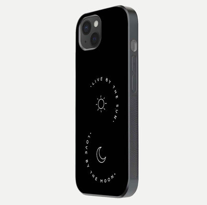 Sun Moon Balance Glass Case for iPhone 15 Plus side-angle image showing reflection and celestial detailing