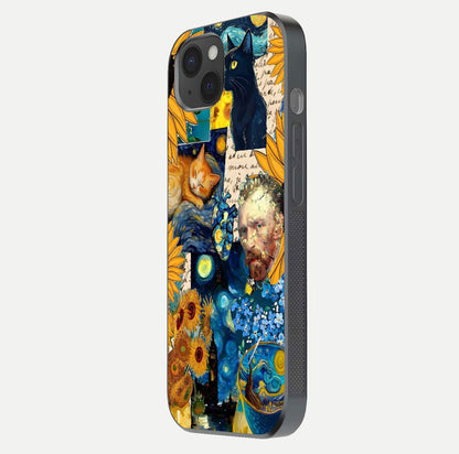 Sunflower Cat Art Glass Case for iPhone 15 Plus side-angle image showing shine, edges, and sunflower texture
