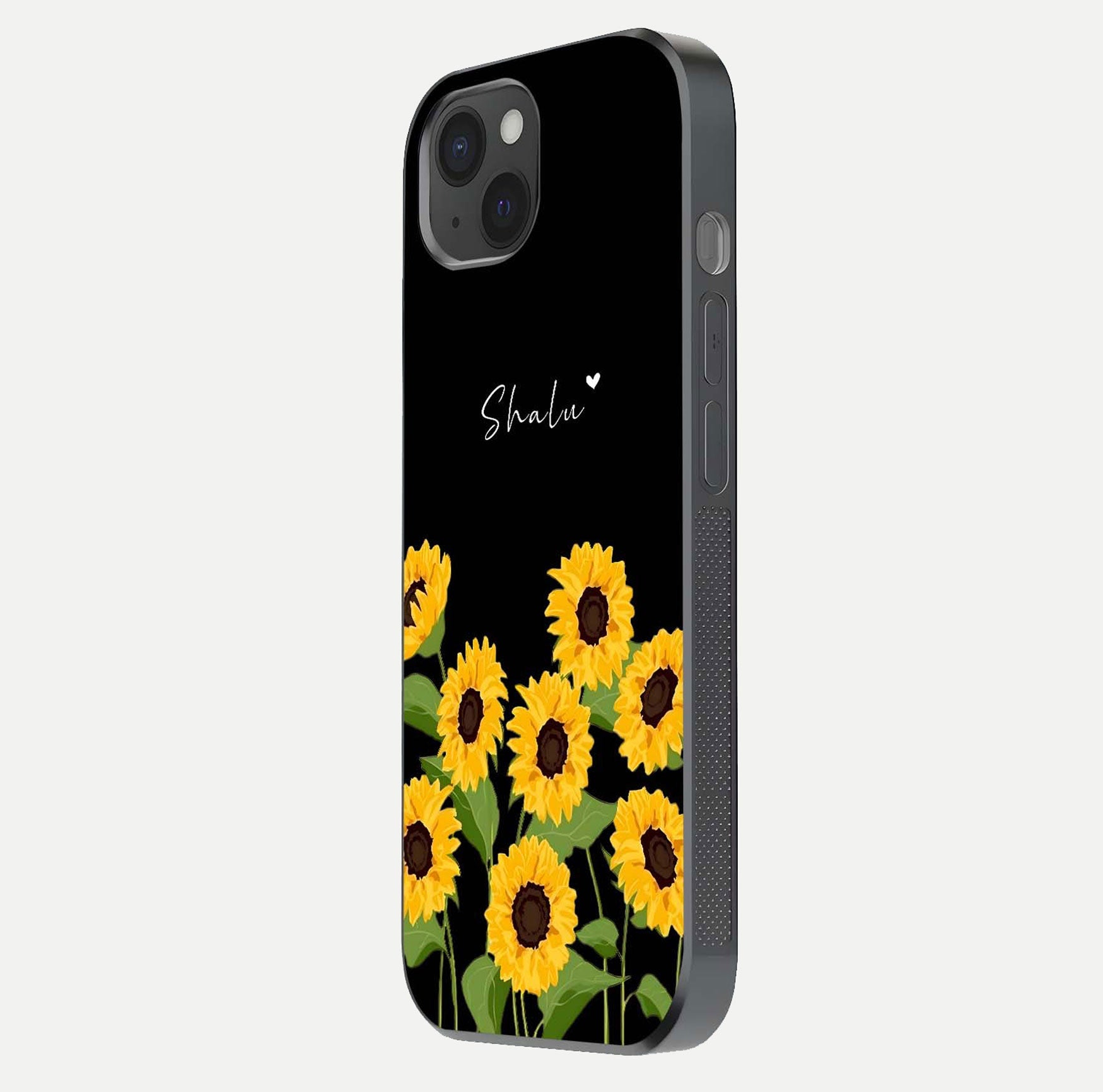 Sunflower Chic Mood Custom Name Glass Case for iPhone 15 Plus side-angle image showing reflection and yellow floral tone
