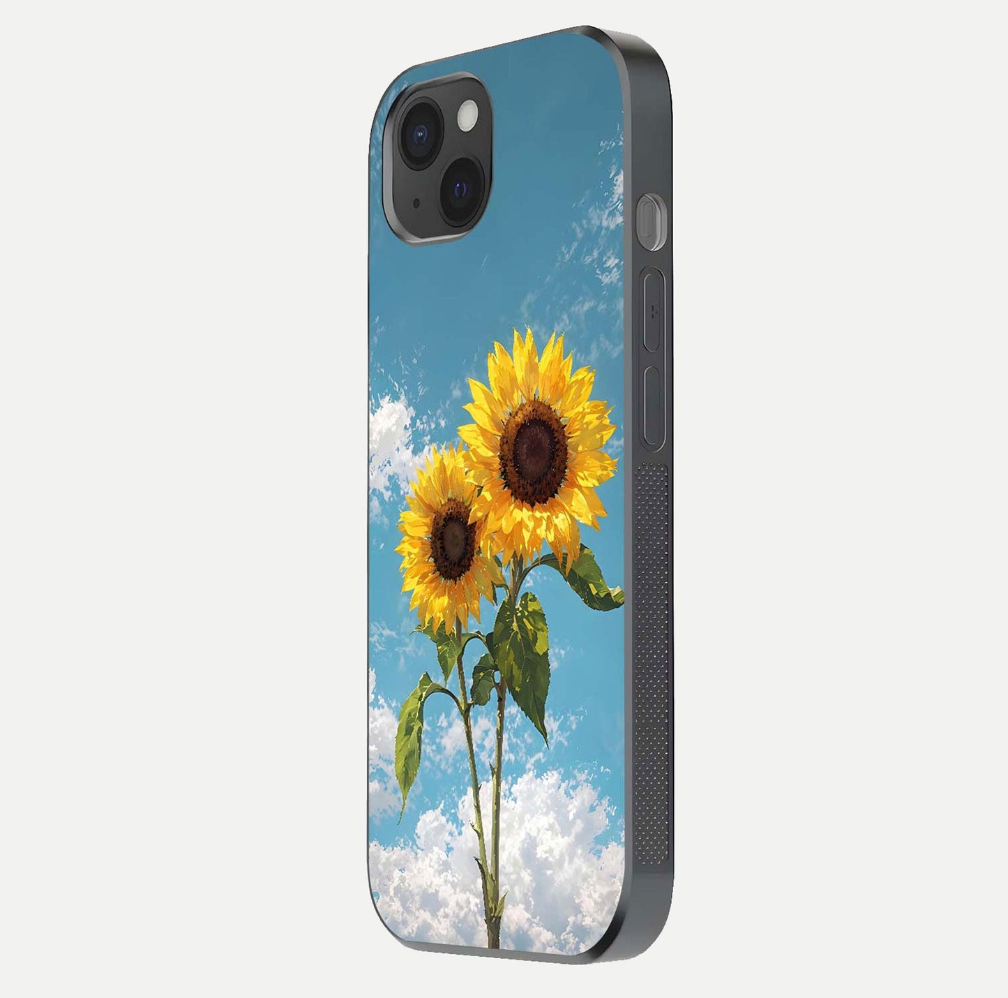 Sunflower Sky Bloom Glass Case for iPhone 15 Plus side-angle image showing reflection, edges, and sunflower color