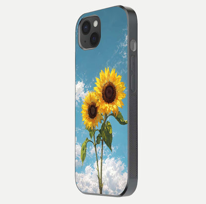 Sunflower Sky Bloom Glass Case for iPhone 15 Plus side-angle image showing reflection, edges, and sunflower color