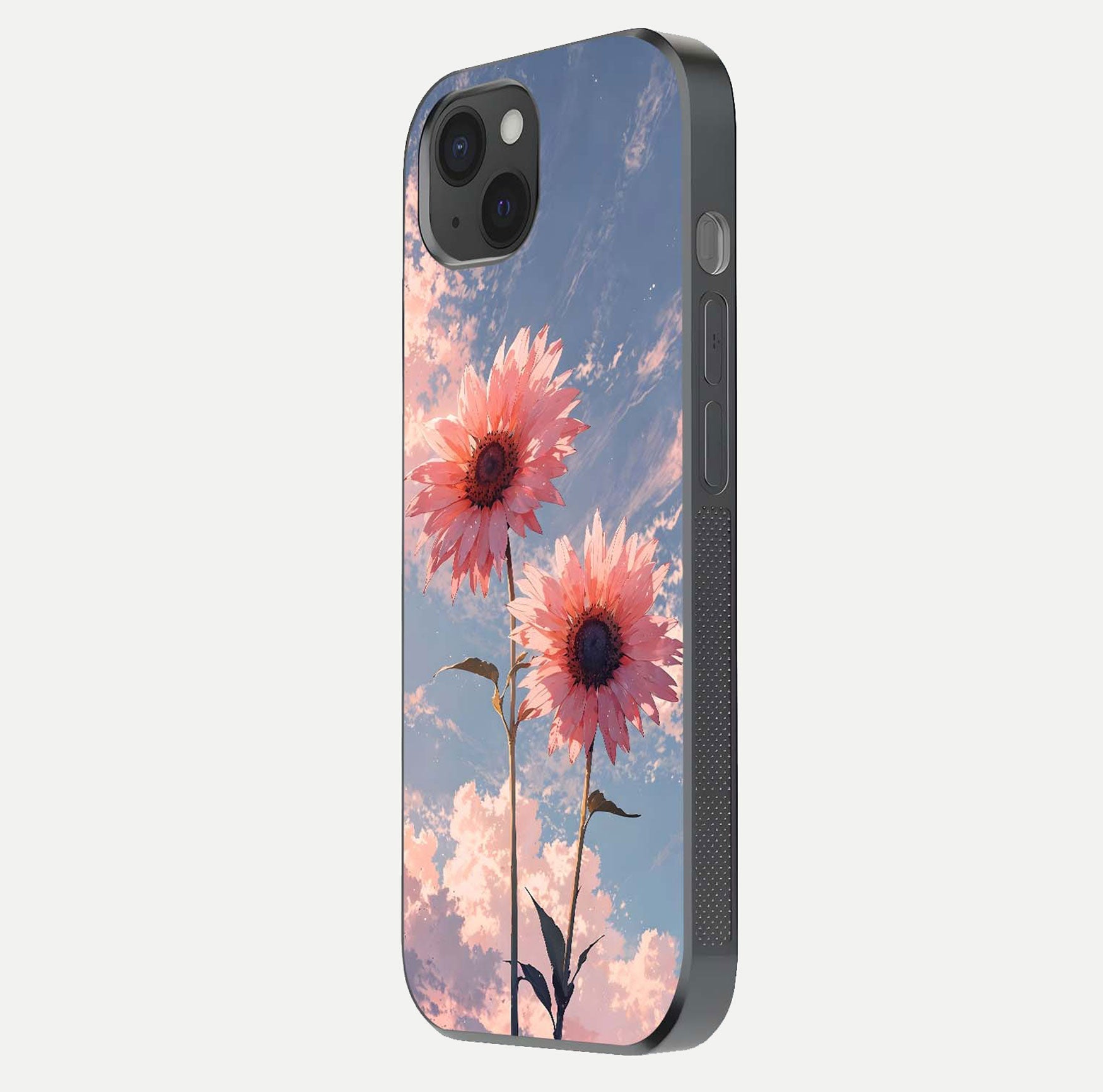 Sunlit Daisy Glow Glass Case for iPhone 15 Plus side-angle image showing shine, gloss, and floral highlight