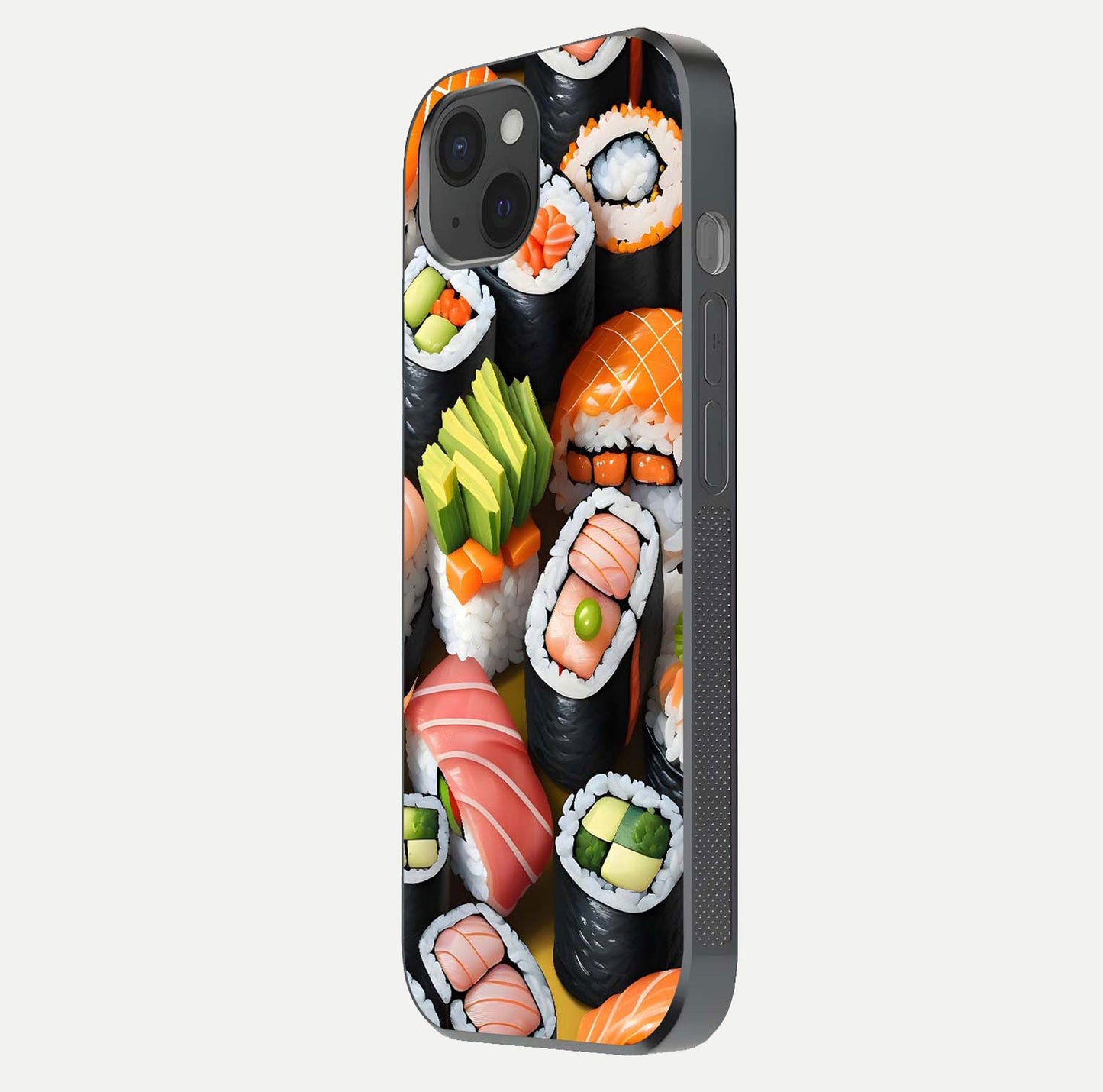 Sushi Food Pattern Glass Case for iPhone 15 Plus side-angle image showing shine, gloss, and sushi artwork