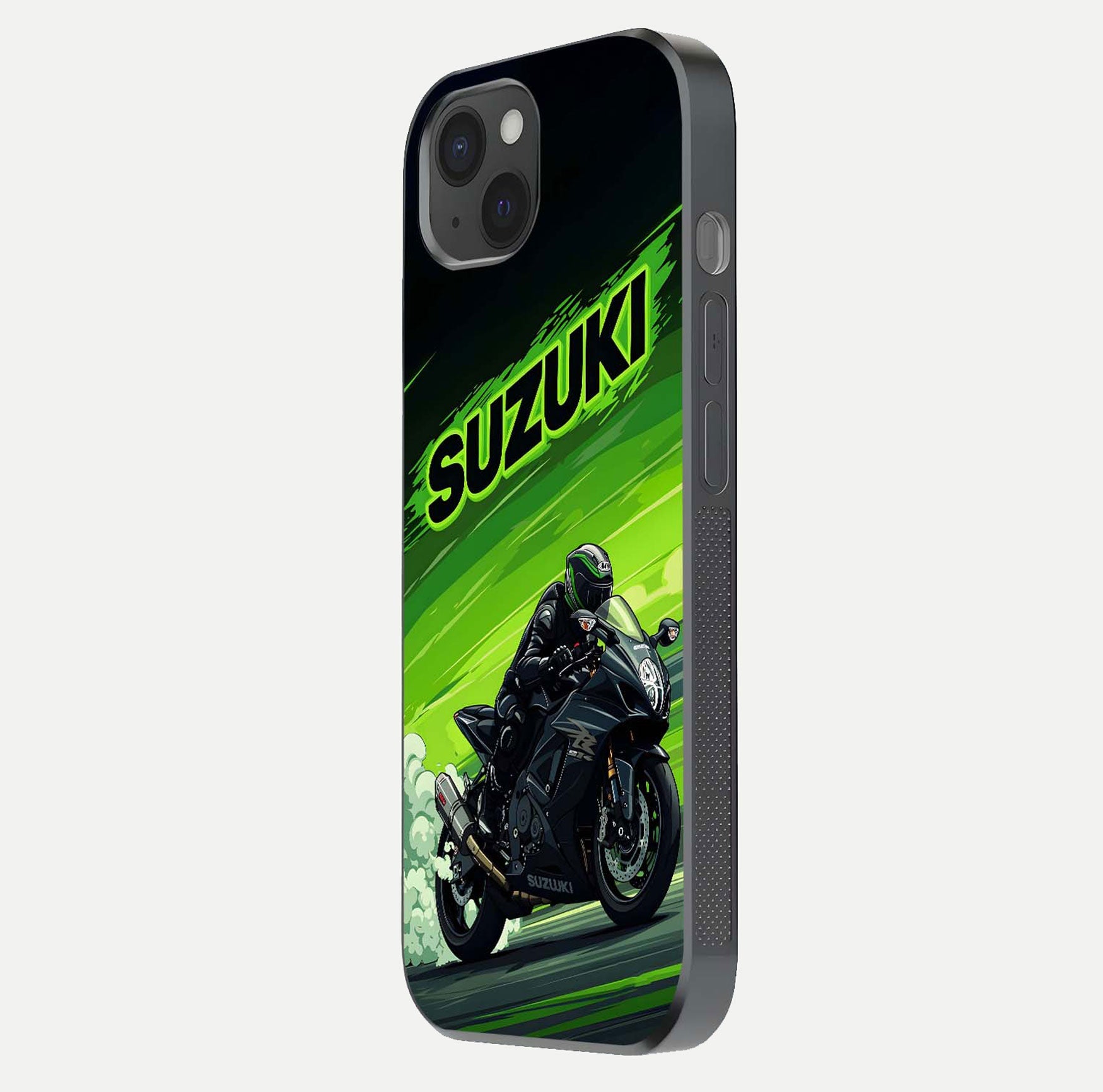 Suzuki Speed Beast Glass Case for iPhone 15 Plus side-angle image showing reflection, gloss, and car detailing